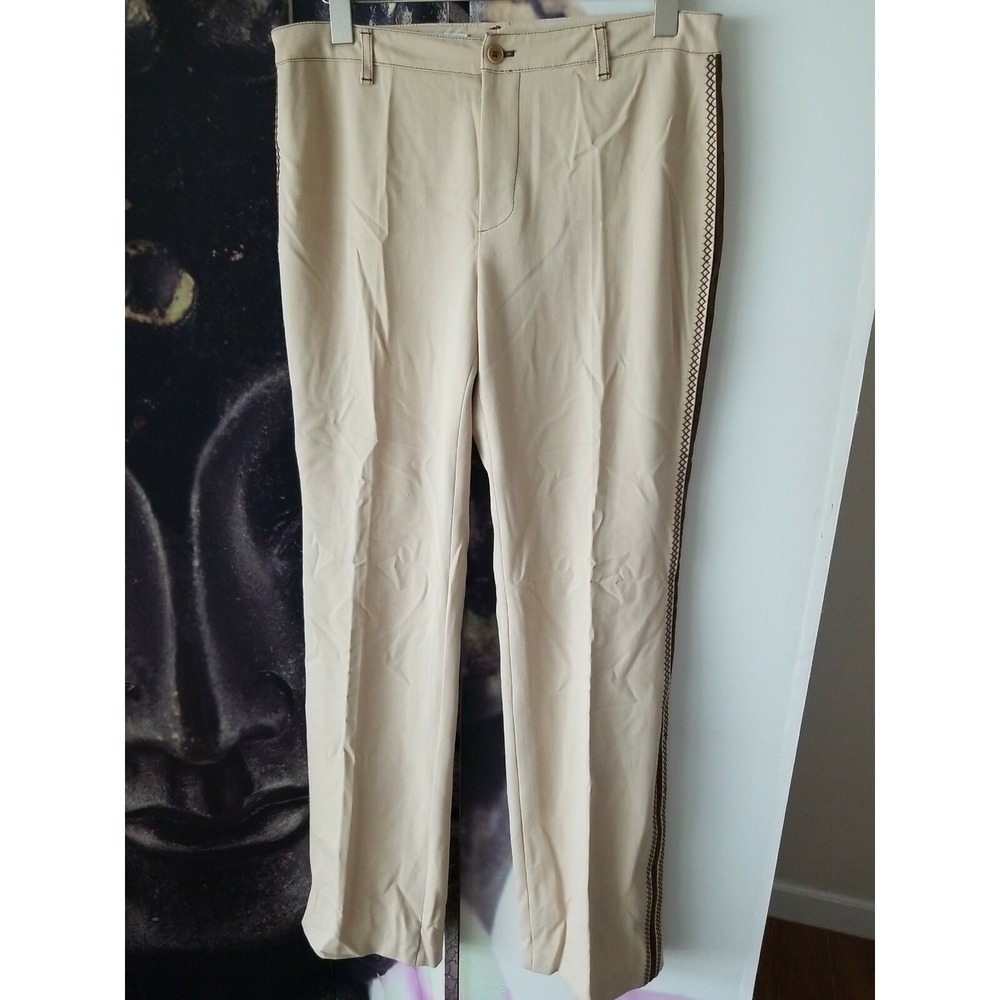 VERTIGO Paris Women's Straight Leg‎ Tan w/ Brown Side Stripe Stretch Pants US 10